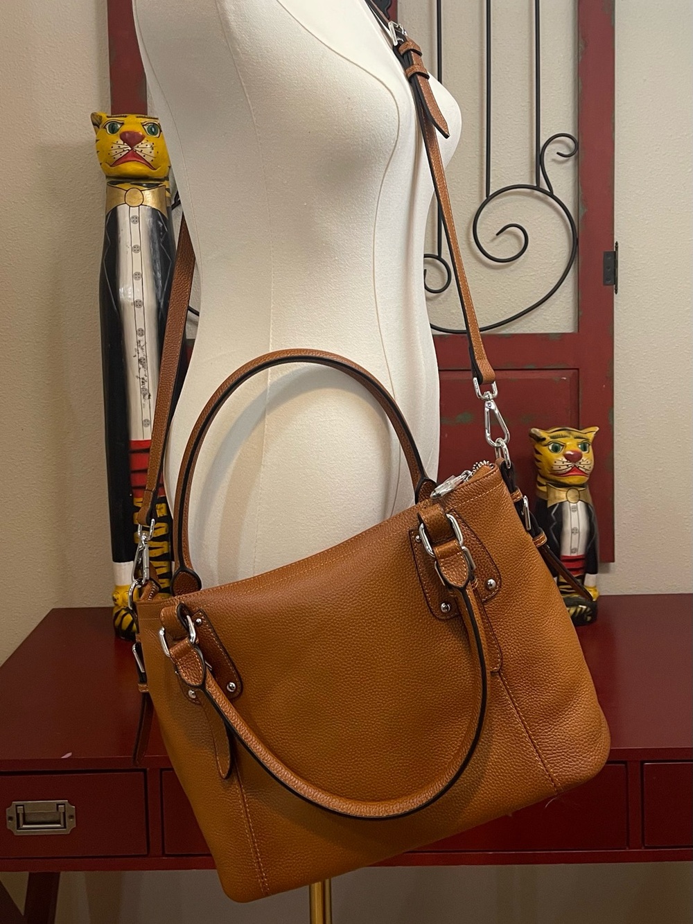 HESHE Cognac Genuine Leather Satchel Shoulder Crossbody Bag